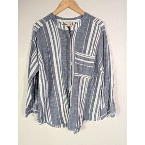 Lucky Brand Women's Blouse 1X Plus White  Blue Button Up Pockets Long Sleeve 103